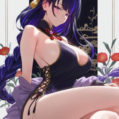 genshin impact, raiden shogun, 1girls, bare legs, bare shoulders, bare thighs, beauty mark, breasts, busty, china dress, chinese clothes, crossed legs, curvaceous, female, female only