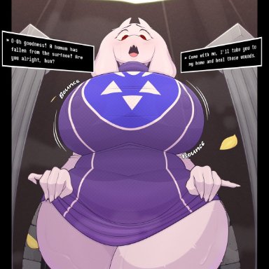 undertale, undertale (series), toriel, milkycoffi, 1girls, big breasts, female, humanoid, solo, talking to viewer, thick thighs, 2d, english text, tagme, text