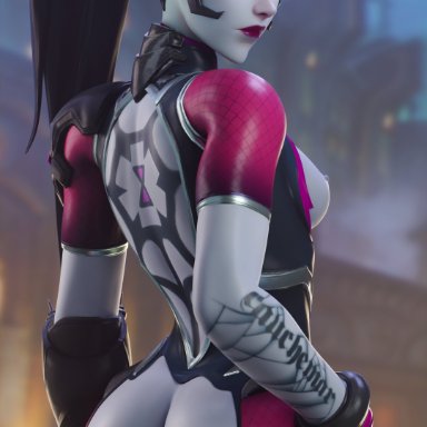 overwatch, overwatch 2, spider widowmaker, widowmaker, maroketh3d, 1girls, ass, buttplug, looking at viewer, partly clothed, ponytail, tatoos, 3d