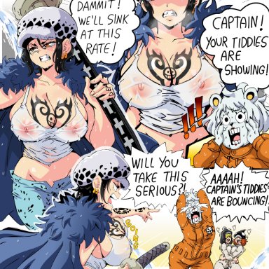 one piece, one piece: egghead arc, shounen jump, bepo, penguin (one piece), shachi (one piece), trafalgar law, trafalgar law (female), lewdamone, 1girls, black hair, chest tattoo, female, female only, feminization