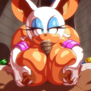 sonic (series), sonic the hedgehog (series), rouge the bat, angelauxes, 1boy, 1girls, anthro, areola, areolae, ass, big ass, big breasts, big butt, big penis, blowjob