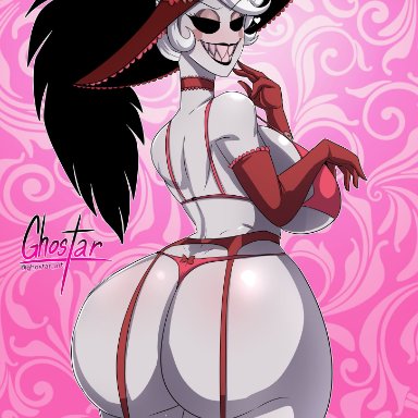 hazbin hotel, rosie (hazbin hotel), ghostar, 1girls, ass, back view, backboob, background, big ass, big breasts, big butt, breasts, dat ass, female, female focus