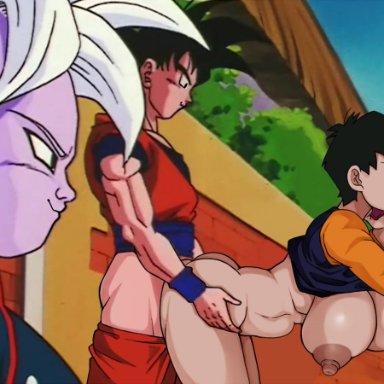 dragon ball, dragon ball out of pannel, character request, goku, son goku, videl, ttrop, areolae, big breasts, black hair, breasts, busty, from behind, from behind position, hanging breasts
