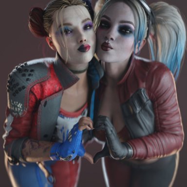 batman (series), dc, dc comics, injustice 2, harley quinn, harley quinn (injustice), smitty34, 2girls, big breasts, busty, cleavage, curvaceous, curvy, curvy figure, eyebrows