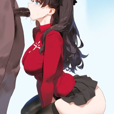 fate (series), fate/stay night, tohsaka rin, waifulover, 1boy, black hair, blue eyes, breasts, clothed female nude male, dark skin, dark-skinned male, fellatio, female, from side, hair ribbon