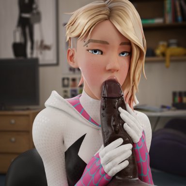 marvel, marvel comics, spider-man (series), gwen stacy, gwen stacy (spider-verse), spider-gwen, wtfsths, 1boy, 1girls, blonde hair, blowjob, blue eyes, dark skin, dark-skinned male, erection