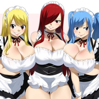 fairy tail, erza scarlet, juvia lockser, lucy heartfilia, 3girls, blonde hair, blue hair, large breasts, maid, maid uniform, red hair, sitting, thick thighs, ai generated, novelai