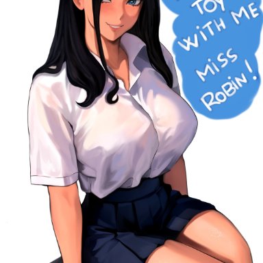 one piece, please don't bully me, nagatoro, nico robin, shinjinou, bench, black hair, blue eyes, blue skirt, breasts, clothed, clothed female, cosplay, covered breasts, ear piercing, ear ring