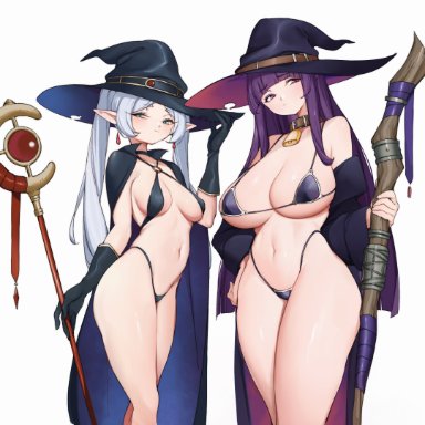 sousou no frieren, fern (sousou no frieren), frieren, lamsass, 2girls, ass, bikini, breasts, female, green eyes, hat, large breasts, large hat, long hair, medium breasts