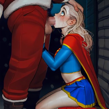 christmas, dc, dc comics, supergirl (series), superman (series), santa claus, supergirl, rwl, 1boy, 1girls, blonde hair, blowjob, blue eyes, blush, crying