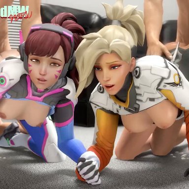 blizzard entertainment, overwatch, d.va, mercy, fromyourmouthva, jellyfishjubilee, saberwolf8, toasted microwave, 2boys, 2girls, all fours, alternate breast size, asian, asian female, ass