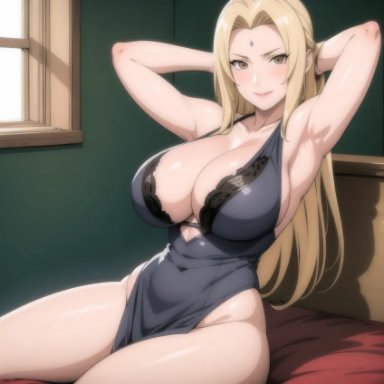 naruto, naruto (series), naruto shippuden, tsunade, uncle q, 1girls, alternate hairstyle, arms behind head, arms up, bare chest, bare legs, bare shoulders, bare thighs, barely clothed, bed