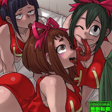 my hero academia, valentine's day, izuku midoriya, kyoka jiro, ochako uraraka, tsuyu asui, shosho oekaki, 1boy, 3girls, ass, big ass, big breasts, big butt, black hair, blush