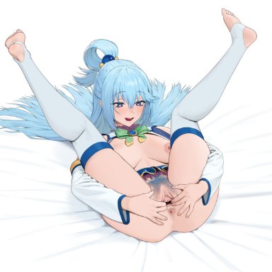 aqua (konosuba), carlo montie, 1girls, anus, ass, bed, blue eyes, blue hair, blue pubic hair, blush, bow, breasts, clitoris, colored pubic hair, detached sleeves