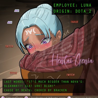 dota, dota 2, lethal company, bracken (lethal company), luna (dota), bracken, hentai genia, big penis, blue hair, blush, imminent rape, large penis, purple eyes, suit, throbbing