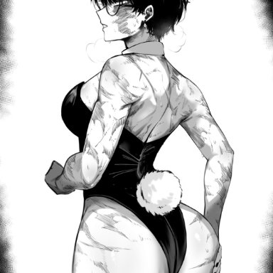 jujutsu kaisen, shounen jump, zenin maki, masoq095, 1girls, ass, big ass, big butt, bunny ears, bunny girl, bunny tail, bunnysuit, burn marks, burn scar, burn scars