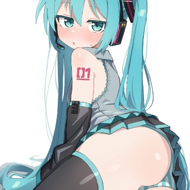 vocaloid, hatsune miku, artist request, 1girls, ass, ass focus, bare shoulders, big ass, big butt, blue eyes, blue hair, blush, clothed, dj maud0210, female