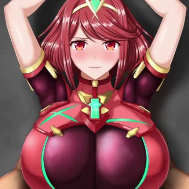 nintendo, xenoblade (series), xenoblade chronicles 2, pyra, juno (artist), 1girls, big breasts, bimbo, bouncing breasts, breasts, clothed paizuri, female, gigantic breasts, huge breasts, impossible clothes