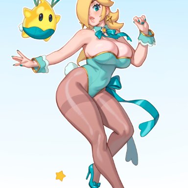 mario (series), nintendo, super mario galaxy, luma, princess rosalina, rizdraws, 1girls, blonde hair, blue eyes, blue nails, breasts, bunny ears, bunny girl, bunny tail, bunnysuit