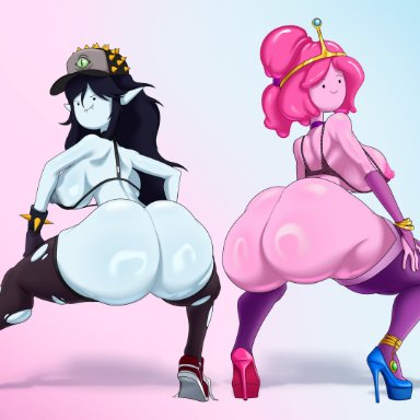 adventure time, marceline, princess bubblegum, incogneato, 2girls, armpits, ass, ass focus, back view, big ass, big breasts, big butt, crown, elf ears, fangs