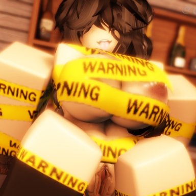 roblox, roblox avatar, robloxian, robinmorserr34, ass, big ass, big breasts, breasts, breasts out, brown hair, caution tape, eyes covered, female, female only, freckles