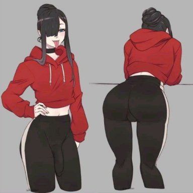 rainer (gyarusatan), gyarusatan, 1boy, big ass, big penis, black hair, clothed, clothing, erection, erection under clothes, femboy, fully clothed, hair over one eye, leggings, male