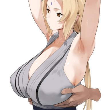 naruto, naruto (series), naruto shippuden, senju tsunade, tsunade, tsunade (naruto), ktm, 1girls, armpits, arms behind head, arms up, assisted exposure, big breasts, blonde hair, breast focus