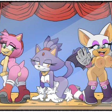 sonic (series), sonic the hedgehog (series), amy rose, blaze the cat, rouge the bat, leatherruffian, 3girls, against glass, amber eyes, areolae, ass, big ass, big breasts, blue eyes, breasts