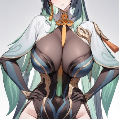 genshin impact, cloud retainer (genshin impact), xianyun, 1girls, breasts, curvaceous, curvy, glasses, green eyes, hands on hips, large breasts, milf, pelvic curtain, solo, ai generated