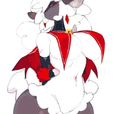 cult of the lamb, lamb (cult of the lamb), red crown (cult of the lamb), usa37107692, anthro, barely clothed, bell collar, big breasts, black body, bottom heavy, caprine, collar, ewe, furry, horns