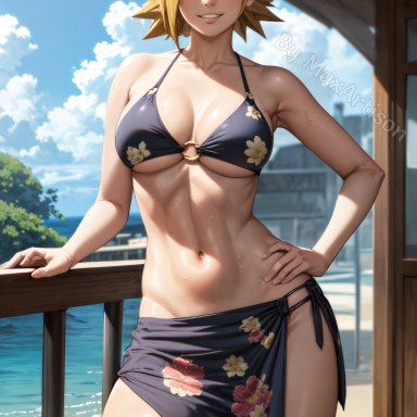 boruto: naruto next generations, naruto, naruto (series), temari, maxartison, 1girls, abs, arm support, athletic, athletic female, bare midriff, bare shoulders, bare thighs, beach, big breasts