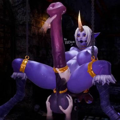 league of legends, riot games, soraka, 3sdice, 1futa, ball gag, balls, ballsack, big balls, big breasts, big penis, breasts, cock ring, erect nipples, erect penis