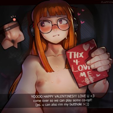 atlus, persona, persona 5, snapchat, valentine's day, sakura futaba, fluffydango, 1girls, breasts, female, glasses, headphones, indoors, light skin, light-skinned female