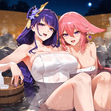 genshin impact, raiden shogun, yae miko, truckkunart, 2girls, bathing, breasts, female, female only, fox ears, fox girl, large breasts, looking at viewer, nude, onsen