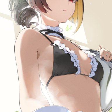 genshin impact, chiori (genshin impact), 1girls, apron, breakfast, breasts, brown hair, coffee, female, looking at viewer, maid, maid bikini, maid headdress, pov, pov eye contact