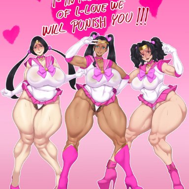 bishoujo senshi sailor moon, bleach, naruto, naruto shippuden, one piece, valentine's day, kurenai yuhi, nico robin, unohana retsu, sunnysundown, 3girls, female, female only, magical girl outfit, thick thighs