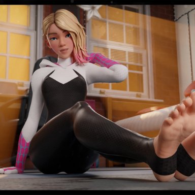 marvel, marvel comics, spider-man (series), gwen stacy, gwen stacy (spider-verse), spider-gwen, wtfsths, blonde hair, blue eyes, eyebrow piercing, feet, feet together, female, foot fetish, foot focus