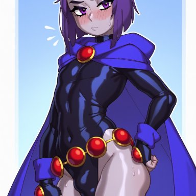 dc, dc comics, teen titans, raven (dc), copernicus, 1boy, blush, bodysuit, bulge, cape, closed mouth, embarrassed, femboy, feminine male, forehead mark