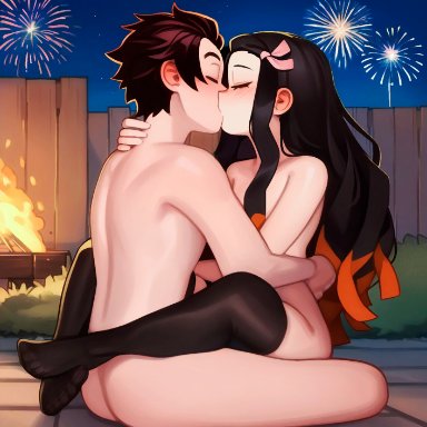 kimetsu no yaiba, kamado nezuko, kamado tanjirou, losforry custom, black hair, black thighhighs, brother and sister, closed eyes, incest, kissing, leg lock, making out, nude, red hair, siblings