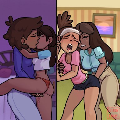 amphibia, steven universe, anne boonchuy, connie maheswaran, mrs. boonchuy, oum boonchuy, priyanka maheswaran, cottondandy, brown hair, brown skin, female only, fingering, groping breasts, kissing, mother and daughter