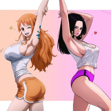 one piece, shounen jump, boa hancock, nami, nami (one piece), jemmasoria, 1girls, 2girls, bare arms, bare legs, bare shoulders, bare thighs, big breasts, black hair, blue eyes