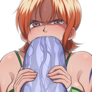 one piece, arlong, nami, nami (one piece), kamekuzu, kameseru, 1girls, big penis, blowjob, fellatio, female, female focus, large penis, looking at viewer, male