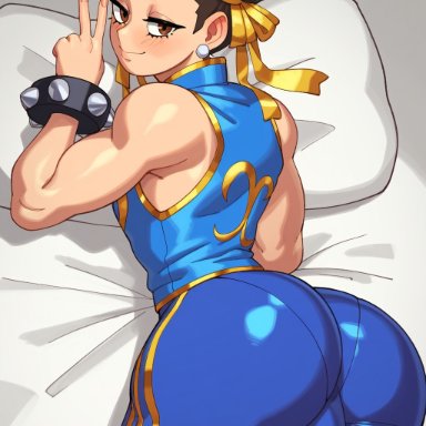 street fighter, chun-li, copernicus, 1boy, 1femboy, ass, ass focus, bare shoulders, bed, big ass, big ass (male), blush, bracelet, brown eyes, brown hair