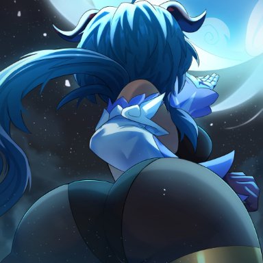 genshin impact, ganyu (genshin impact), sol-sama d2, 1girls, ass, blue hair, bodystocking, breasts, clothed, dat ass, female, horns, huge ass, light skin, light-skinned female