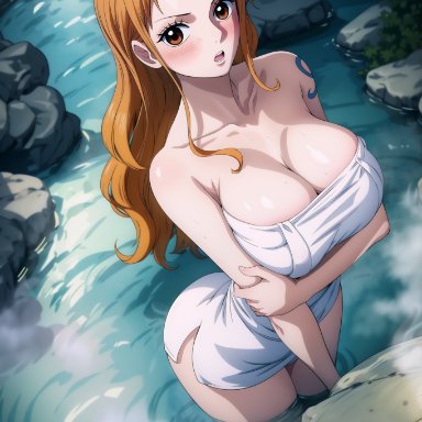 one piece, shounen jump, nami, nami (one piece), jemmasoria, 1girls, bare arms, bare legs, bare shoulders, bare thighs, big breasts, blush, clothed, clothing, female