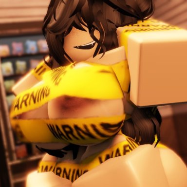 roblox, roblox avatar, robloxian, robinmorserr34, arms behind head, ass, barrel, big breasts, breasts, brown hair, caution tape, eyes covered, female, freckles, indoors