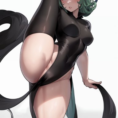 one-punch man, tatsumaki, viriai, angry, cameltoe, dress, green eyes, green hair, leotard, medium breasts, single thighhigh, standing split, thick thighs, white background, ai generated