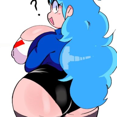 friday night funkin, skyblue, skyblue (friday night funkin), alokrenacido, bify, ?, ass, back view, big ass, big breasts, big hair, black leotard, blazer, blue hair, breast squeeze