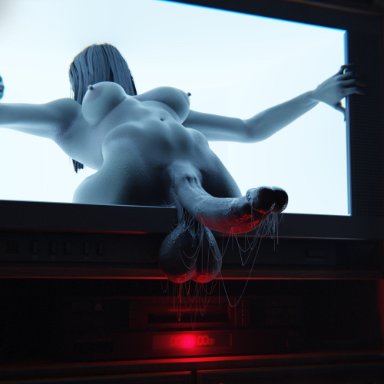 the ring, yamamura sadako, nullus 02, apparition, balls, belly, belly button, big breasts, big penis, busty, coming out of screen, coming out of tv, futa only, futanari, ghost