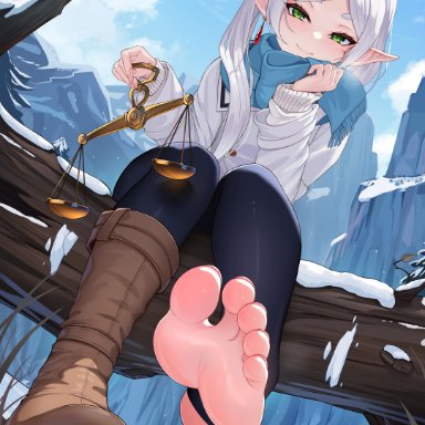 sousou no frieren, frieren, damao yu, barefoot, blush, boot, elf, feet, foot fetish, foot focus, green eyes, looking at viewer, smile, smiling, soles